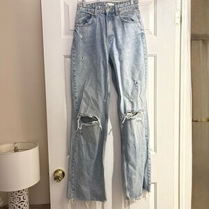 Zara Light Blue Distressed Straight Leg Jeans